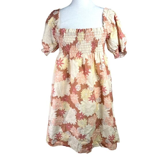 Faherty Coral Floral Organic Cotton Smocked Square-Neck Puff-Sleeve Dress Small - Picture 3 of 14